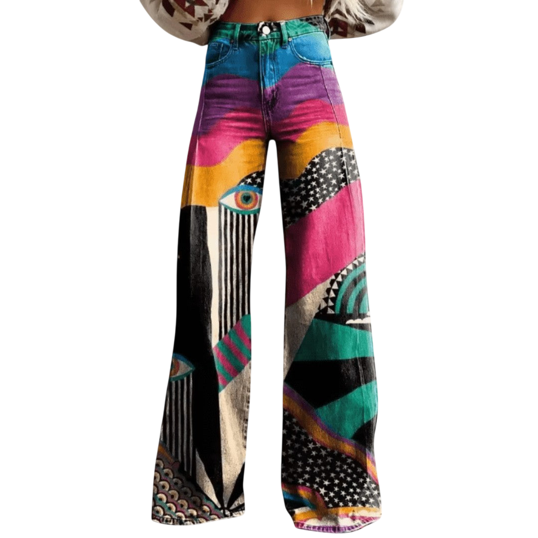 Aralyn – Pantaloni Palazzo Boho con Stampa Artistica