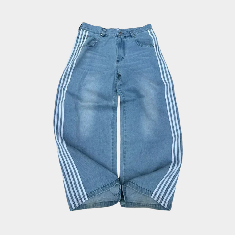 Embroidered Striped Baggy Jeans - Purple