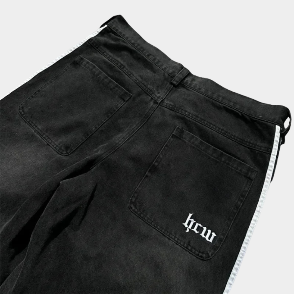 Embroidered Striped Baggy Jeans - Purple