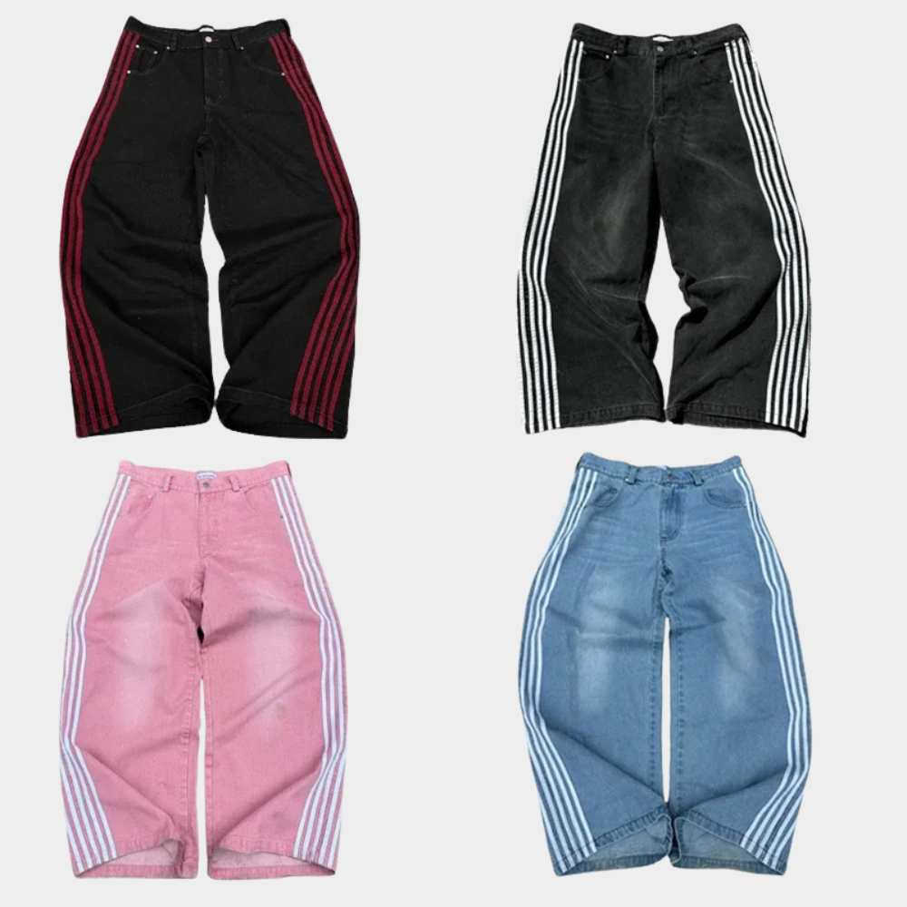 Embroidered Striped Baggy Jeans - Blue
